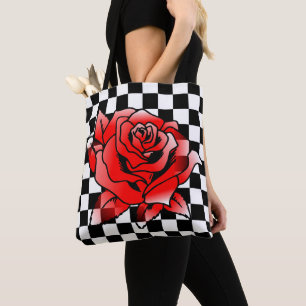 Tote Bag Carré Blanc Et Noir Et Rose Rouge
