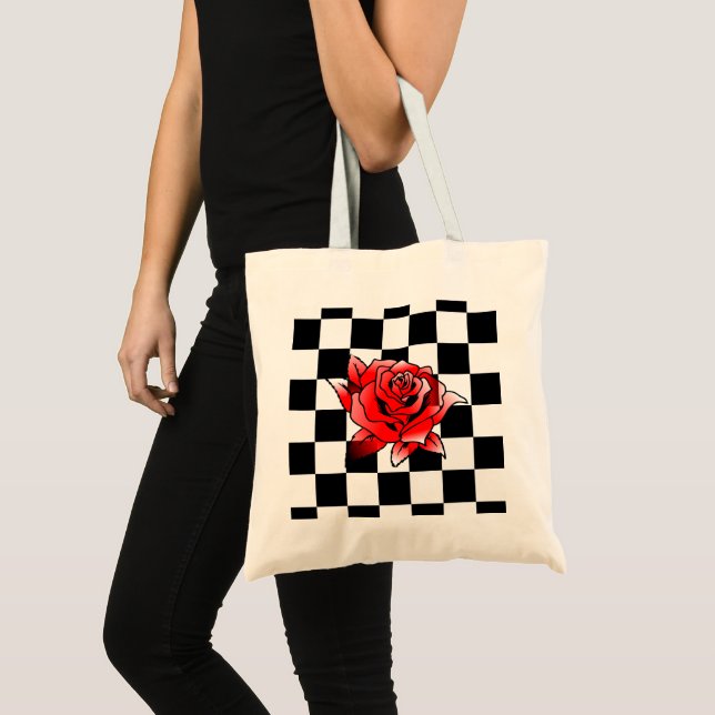 Tote Bag Carré blanc et noir moderne et rose rouge (Devant (produit))