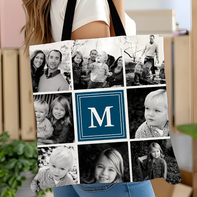 Tote Bag Carré Photo Collage Marine Monogramme Custom (Créateur téléchargé)
