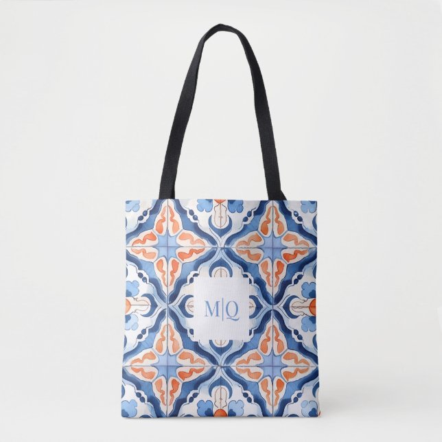 Tote Bag Carreau Floral Bleu Et Rouge (Devant)