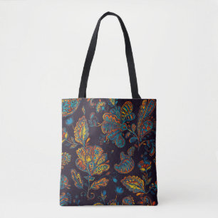 Tote Bag Carreaux à motif floral aquarelle Paisley
