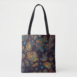 Tote Bag Carreaux à motif floral aquarelle Paisley
