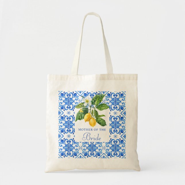 Tote Bag Carreaux bleu méditerranéen citrons mère mariée (Devant)