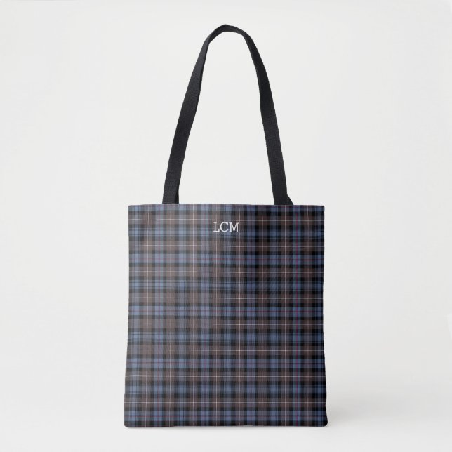 Tote Bag Carreaux bleus et bruns Monogramme Tartan Mackenzi (Devant)