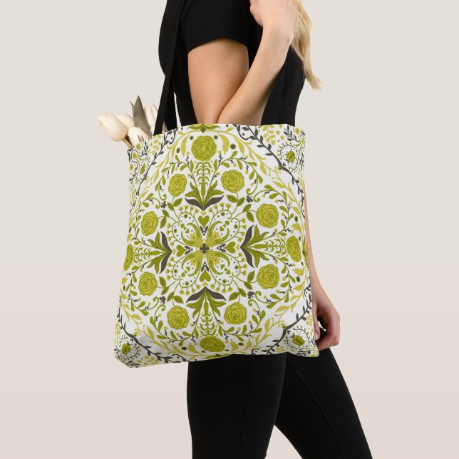 Tote Bag Carreaux de fleurs en vert (De près)