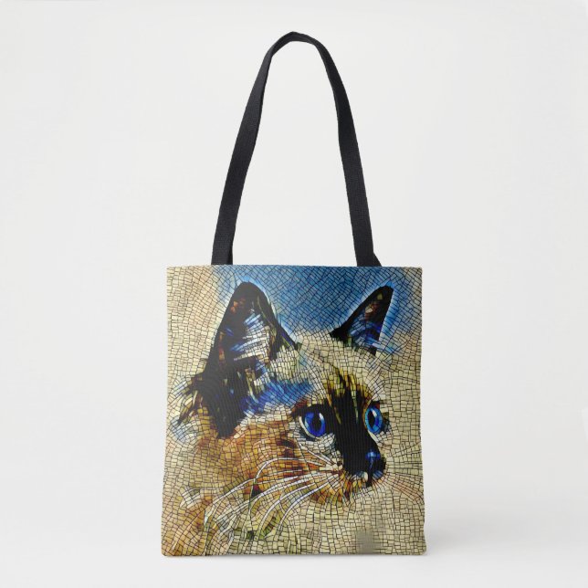 Tote Bag Carreaux de mosaïque de chats siamois bleu (Devant)