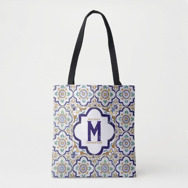 Tote Bag Carreaux d'ornement botanique Monogramme (Devant)