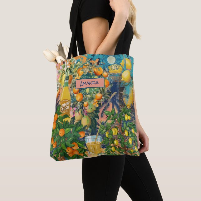 Tote Bag Carreaux fleuris chic orange sicilien (De près)
