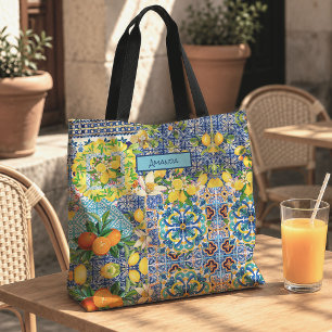 Tote Bag Carreaux floraux de citrouille siciliens turquoise