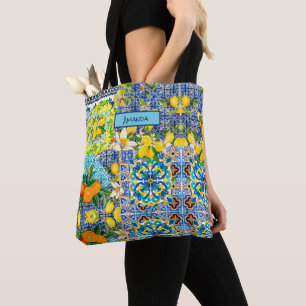 Tote Bag Carreaux floraux de citrouille siciliens turquoise