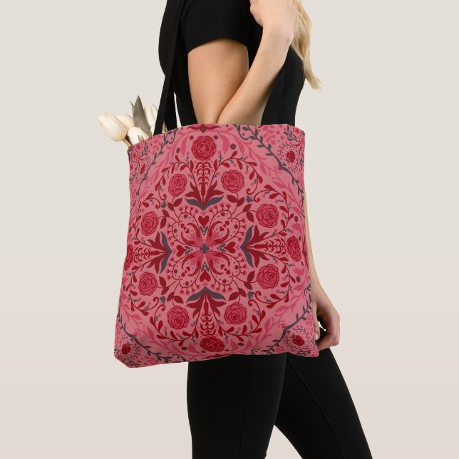 Tote Bag Carreaux floraux en rouge et pastèque rose (De près)