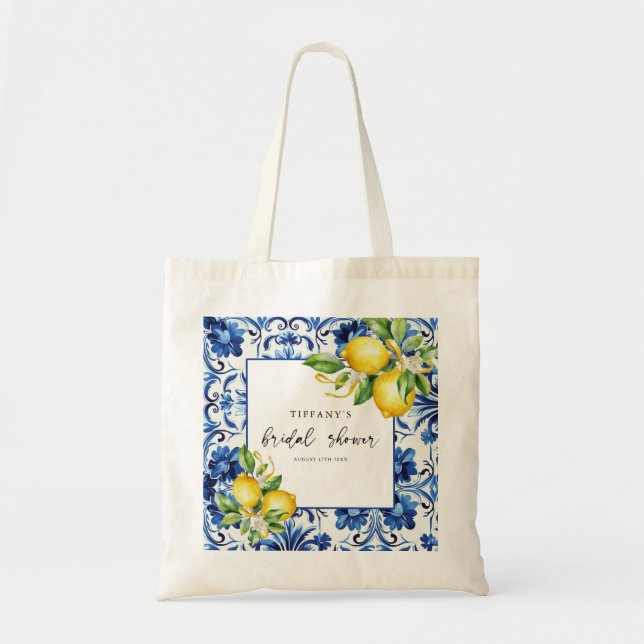 Tote Bag Carrelage bleu méditerranéen Fête des mariées citr (Devant)