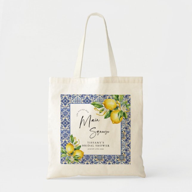 Tote Bag Carrelage bleu méditerranéen Fête des mariées citr (Devant)
