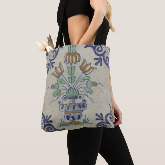 Tote Bag Carrelage Delft Antique Pot de Fleur Céramique (De près)