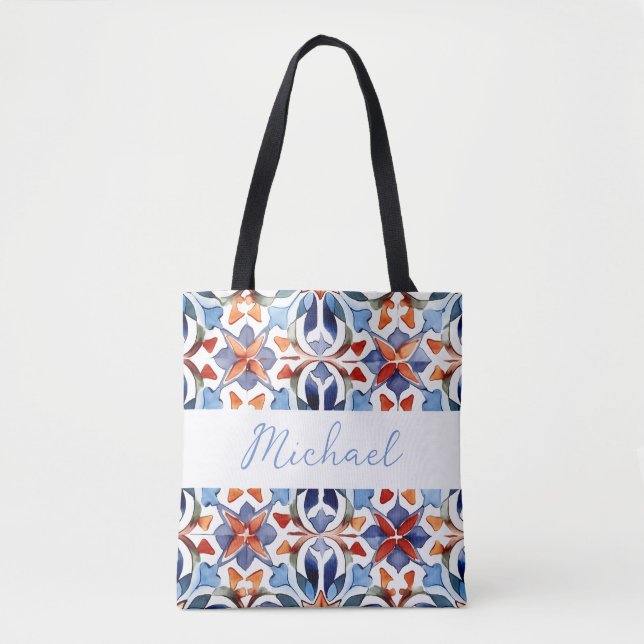 Tote Bag Carrelage Floral Espagnol Bleu Et Rouge (Devant)