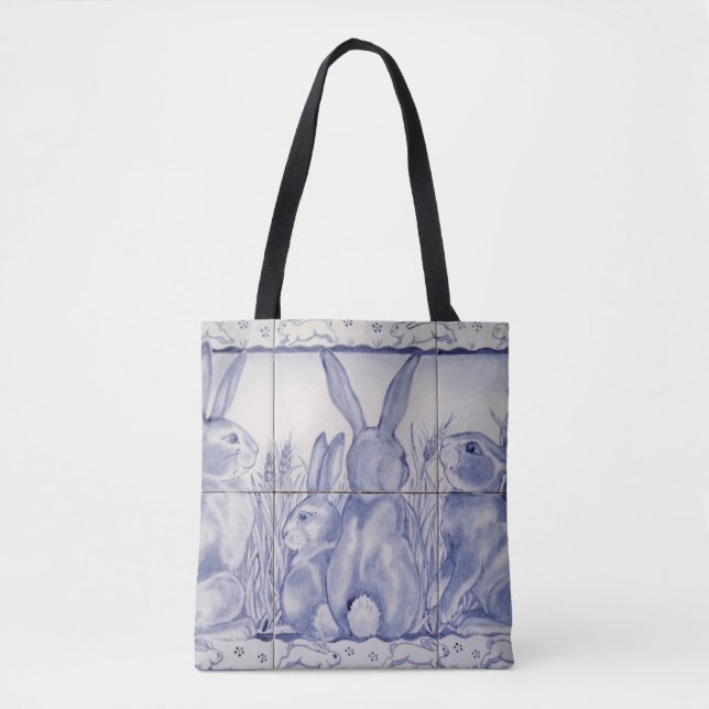 Tote Bag Carrelage lapin bleu et blanc Carrelage lapin Pâqu (Devant)