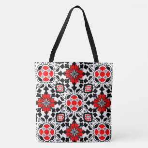 Tote Bag Carrelage marocain floral, rouge profond, noir et