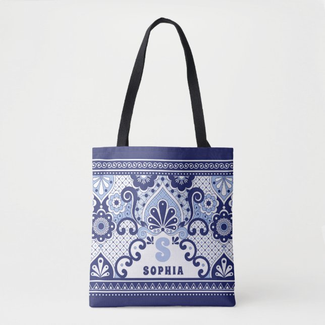 Tote Bag Carrelage Monogram Blue and White Mexican Talavera (Devant)