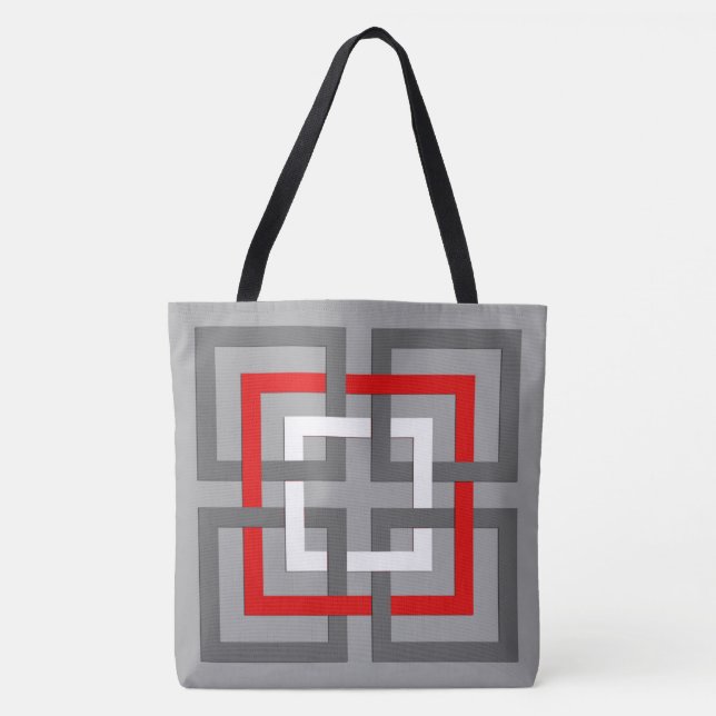 Tote Bag Carrés géométriques modernes, gris, rouge et blanc (Devant)