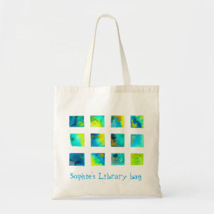 Tote Bag Carrés mignons aquarelle bibliothèque bleue nom