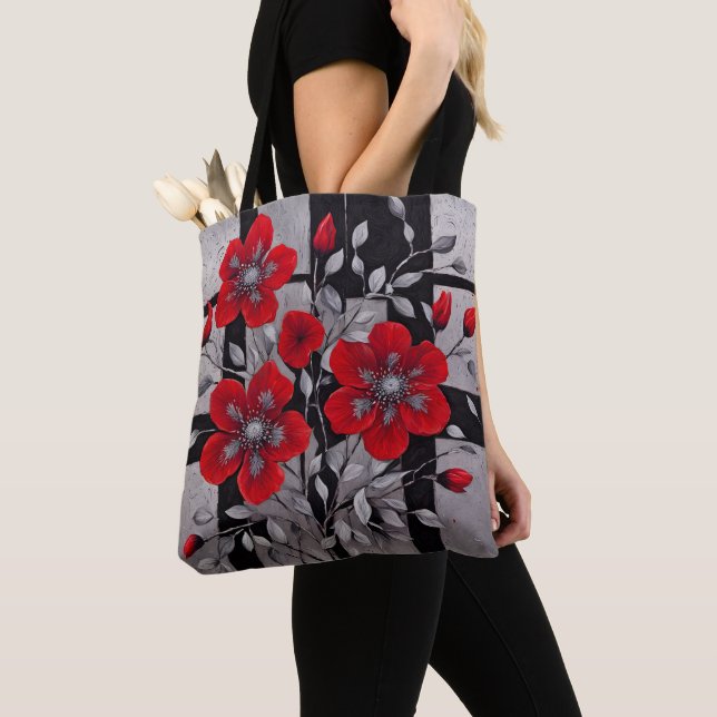 Tote Bag Carrés noirs et argentés avec fleurs rouges (De près)