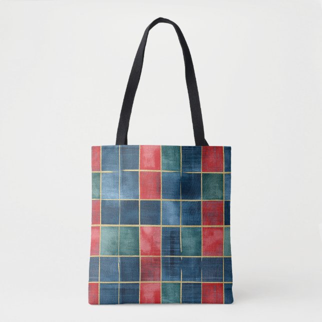 Tote Bag Carrés rouges bleus verts de Noël (Devant)