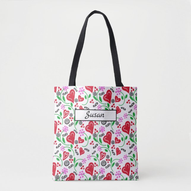 Tote Bag Carres rouges Fleurs roses Fourre-tout (Devant)