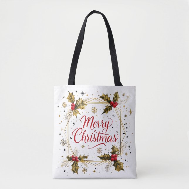 Tote Bag Carte classique Joyeux Noël avec Holly Design (Devant)
