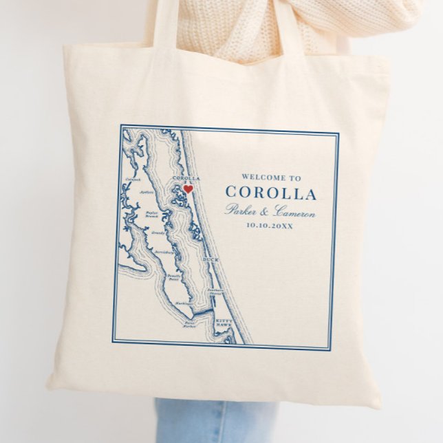 Tote Bag Carte de Corolla NC Élégant Bleu Nuit Mariage (Corolla NC Map Wedding Favor Tote Bag Welcome Bag for elegant Navy Blue Outer Banks Wedding )