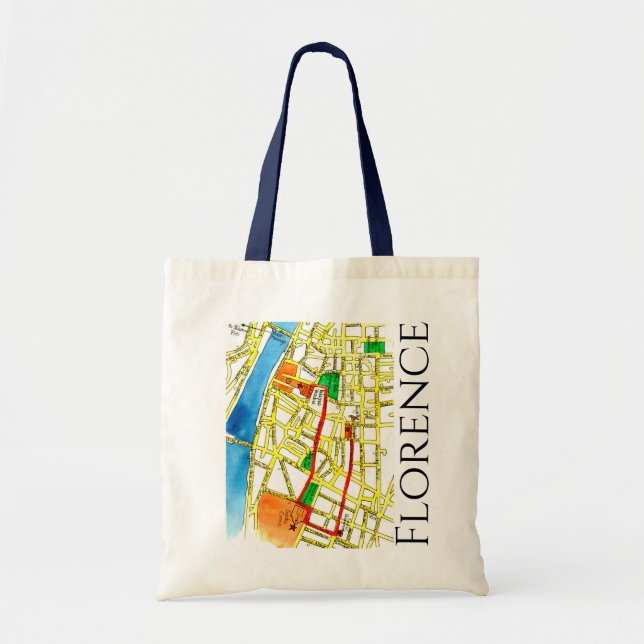 Tote Bag Carte de la rue Florence Italie en Aquarelle et En (Devant)