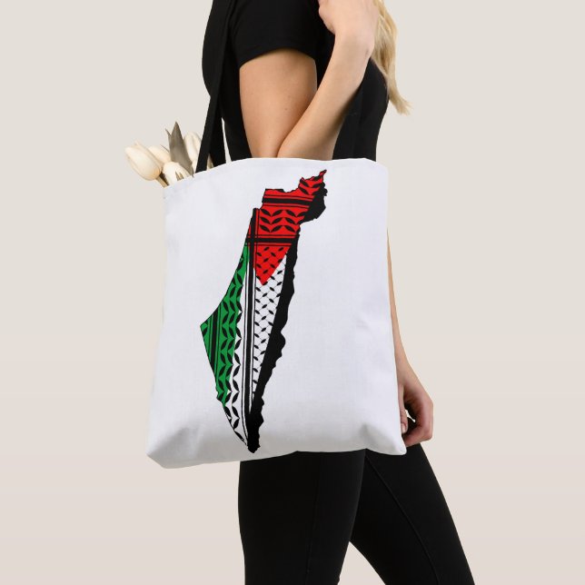 Tote Bag Carte de Palestine avec drapeau et Motif Keffiyeg (De près)