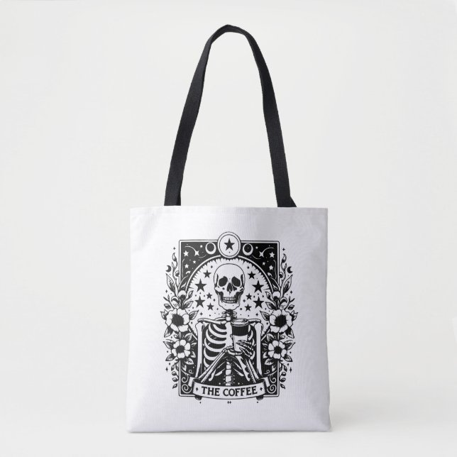 Tote Bag Carte de tarot squelette monochrome "Le café" | (Devant)