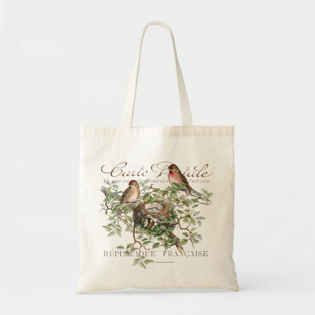 Tote Bag Carte d'oiseau Postale Français Vintage (Devant)