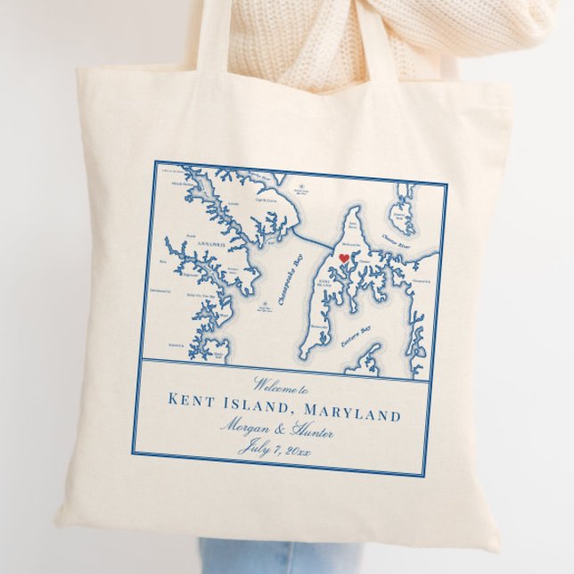 Tote Bag Carte du Maryland de Kent Island Mariage Bienvenue (These Kent Island Destination Wedding tote bags are perfect wedding favors for your Maryland wedding)