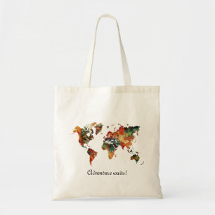 Tote Bag Carte du monde Aquarelle Peinture AVENTURE attend