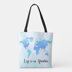 Tote Bag Carte du monde violette et bleue La vie est une av