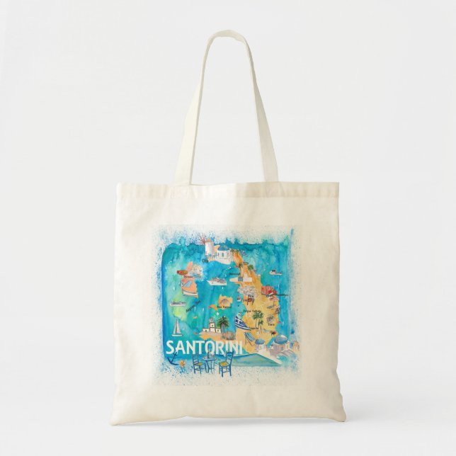 Tote Bag Carte illustrée de Santorin Grèce avec les princip (Devant)