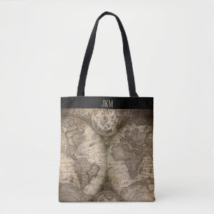 Tote Bag Carte vintage du monde avec des initiales de