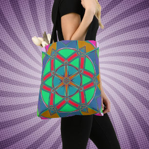 Tote Bag Carton Mandala Vert Rouge et Bleu