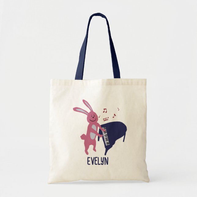 Tote Bag Cartoon Bunny Playing Piano Musical Personalized  (Devant)