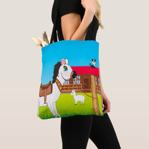 Tote Bag Cartoon Farm Scène avec Cheval Chat et Chèvre
