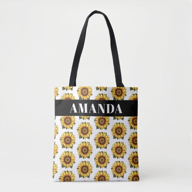 Tote Bag Cartoonish Yellow Custom Name Motif de tournesol (Devant)