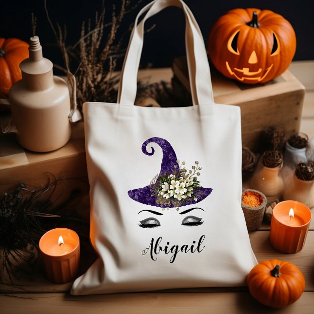 Tote Bag Casquette de sorcière mignonne personnalisée viole (Créateur téléchargé)
