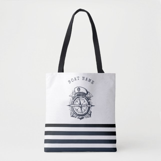 Tote Bag Casquette nautique, Ancre, Roue Marine Bleu rayé (Devant)