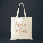 Tote Bag Casual Script | Chic Rose Gold Flower Girl Cadeau<br><div class="desc">Ce sac cadeau de fête de mariée élégant et chic présente une typographie décontractée et moderne de script d'or faux rose qui dit "Flower Girl",  et un coeur griffé branché,  avec son nom en gras simple. Le cadeau de mariage parfait pour toute votre fête de mariage.</div>
