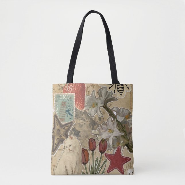 Tote Bag Cat Floral Collage Pattern – Cute Artistic Design (Devant)