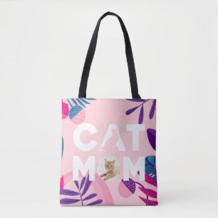 Tote Bag CAT MOM, Votre Photo, Fleurs Roses & Feuilles