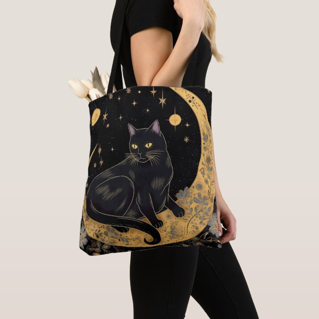 Tote Bag Cat noir croissant Lune Fleurs bleues Halloween (De près)