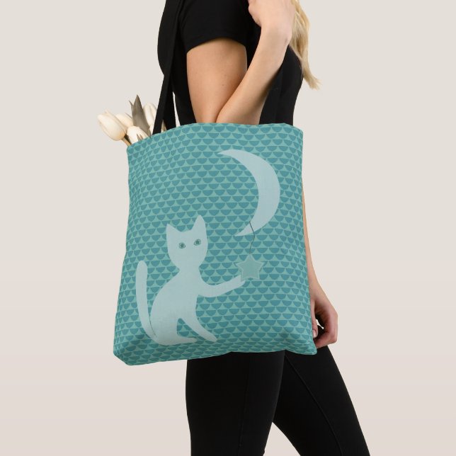 Tote Bag Cat playing with Moon and Star Teal (De près)