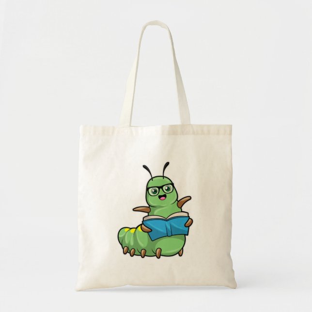 Tote Bag Caterpillar Nerd avec livre et lunettes (Devant)